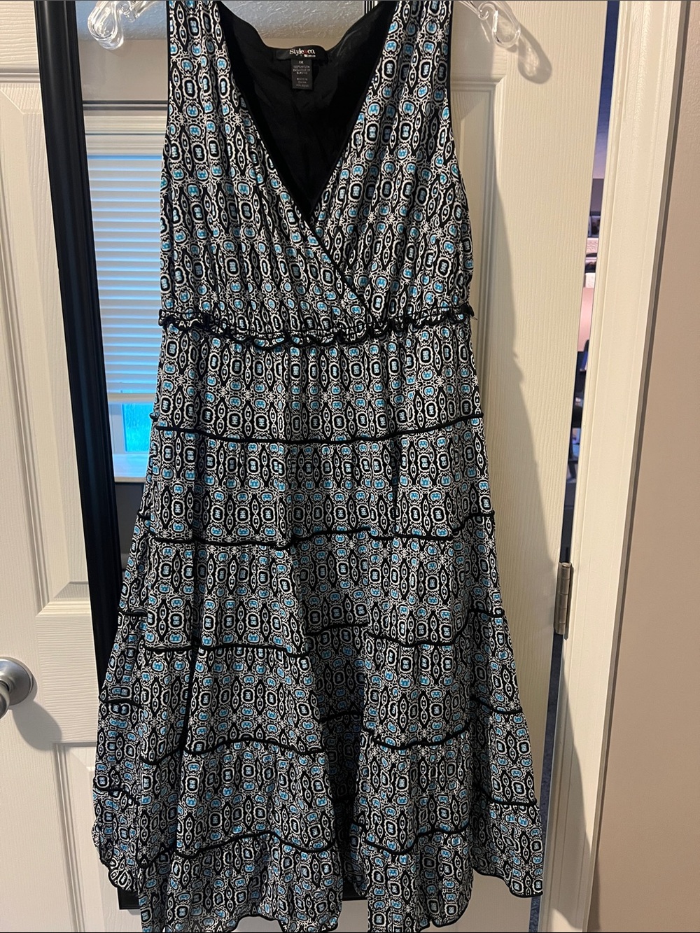 Style & Co. Black and Light Blue Printed Surplice Tiered Dress
